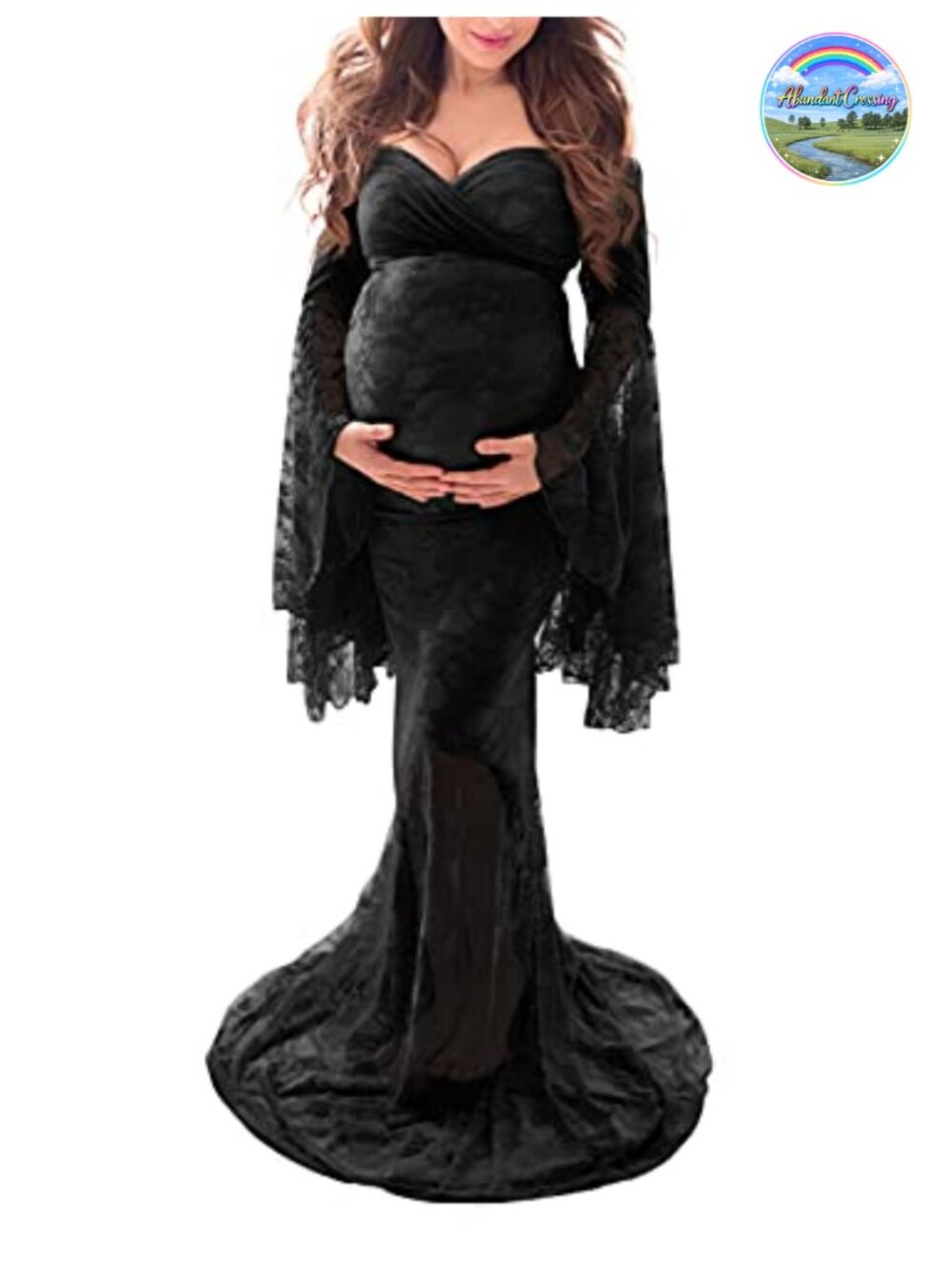 Off Shoulder Lace Maternity Maxi Dress Bell Sleeve Photoshoot